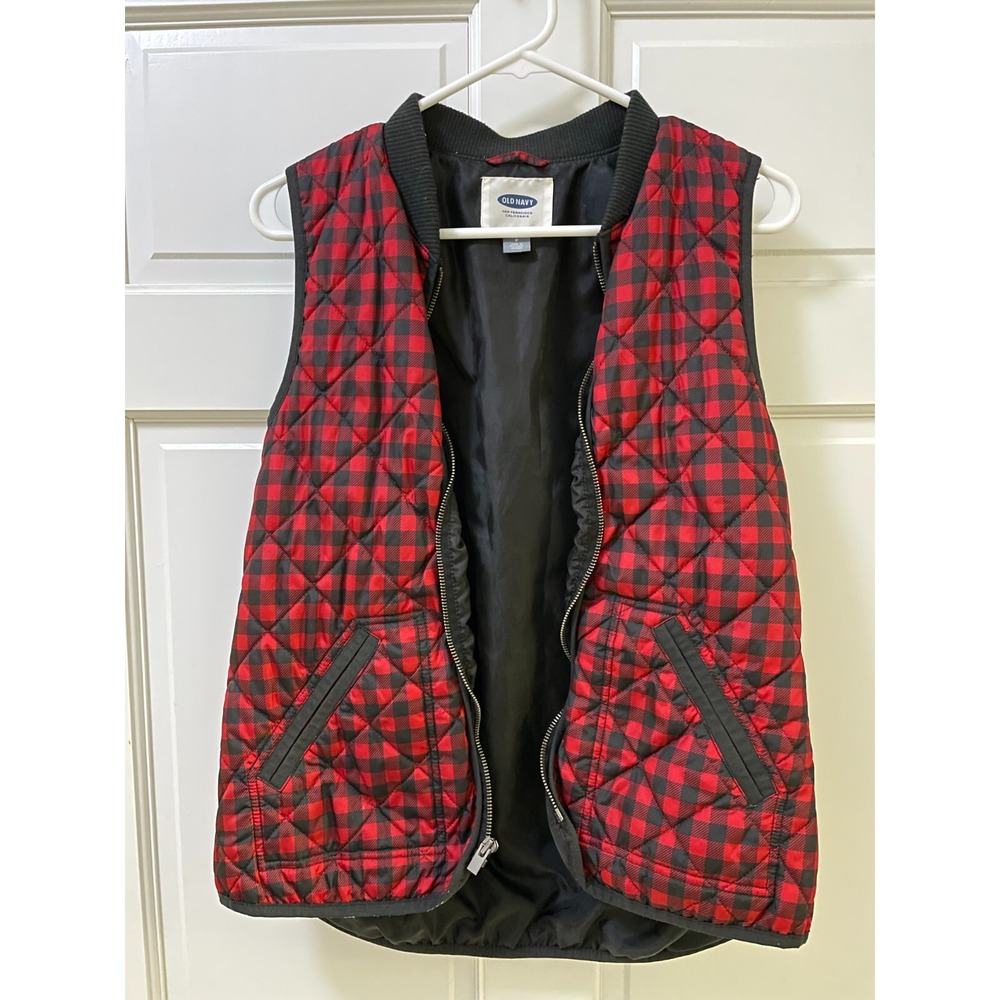 Women's Old Navy Small Red and Black Plaid Puffer Vest
